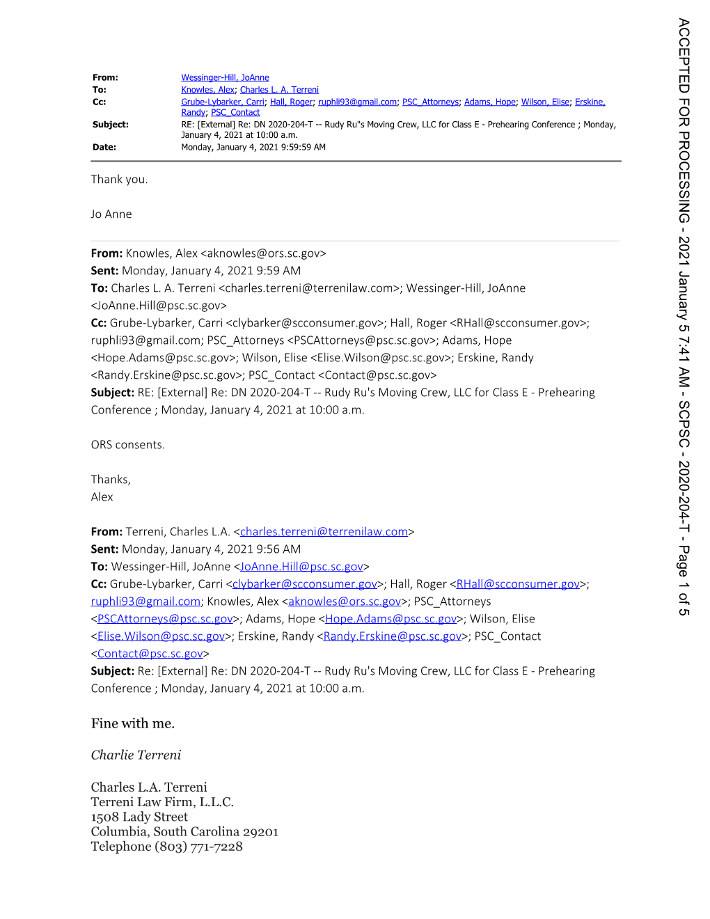 2020-204-T -- Rudy Ru"S Moving Crew, LLC for Class E - Prehearing Conference ; Monday, PROCESSING January 4, 2021 at 10:00 A.M