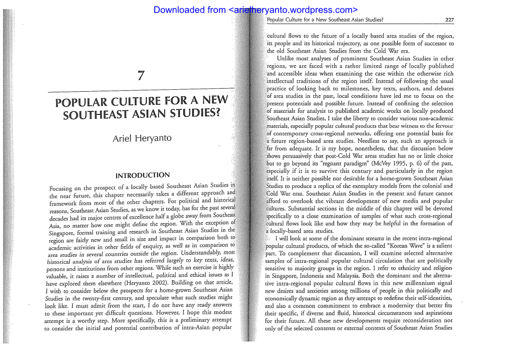 Popular Culture for a New Southeast Asian Studies? 227