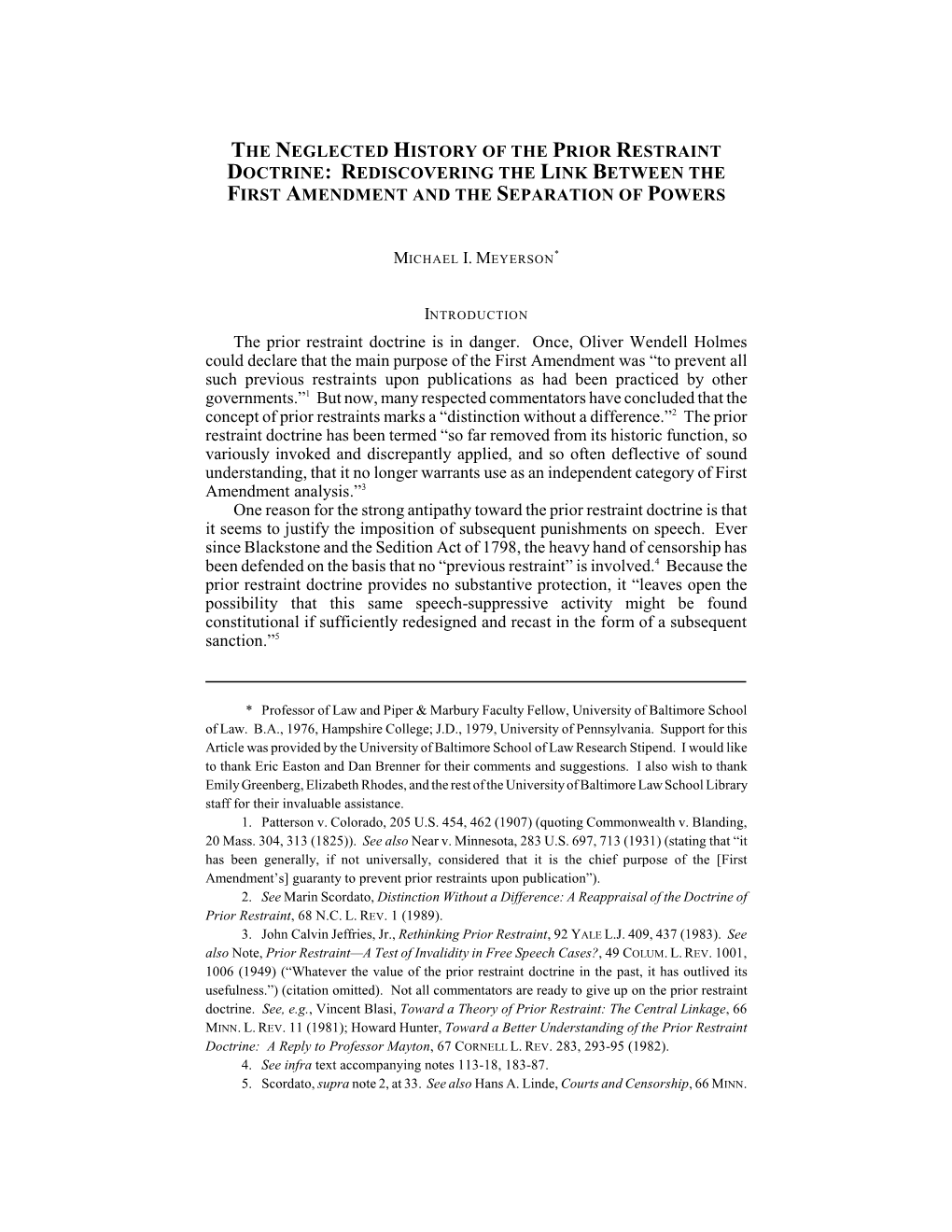 The Neglected History of the Prior Restraint Doctrine: Rediscovering the Link Between the First Amendment and the Separation of Powers