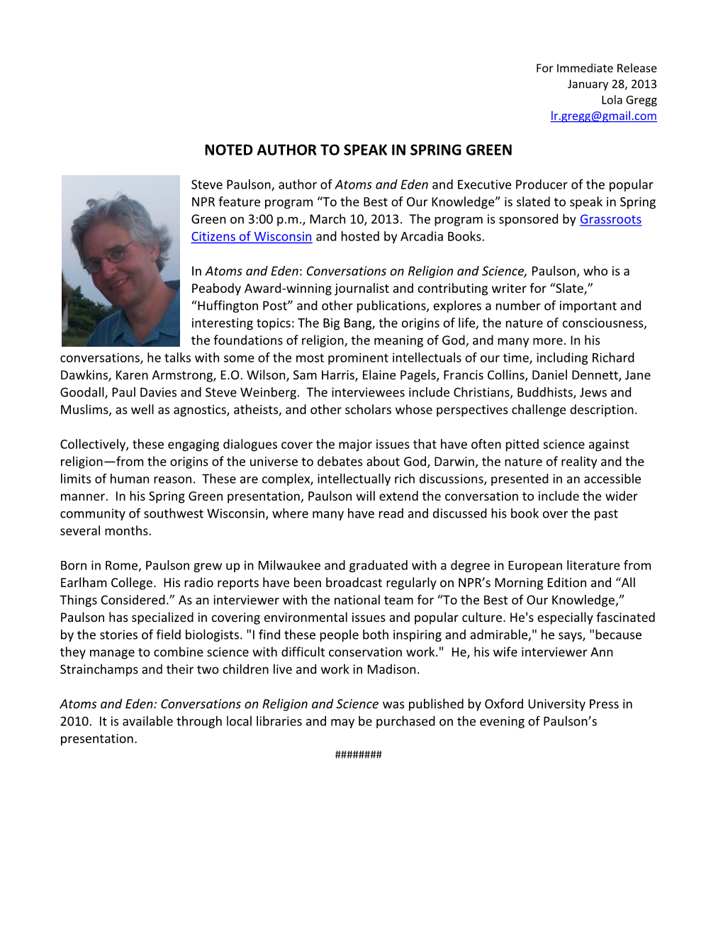 Noted Author to Speak in Spring Green