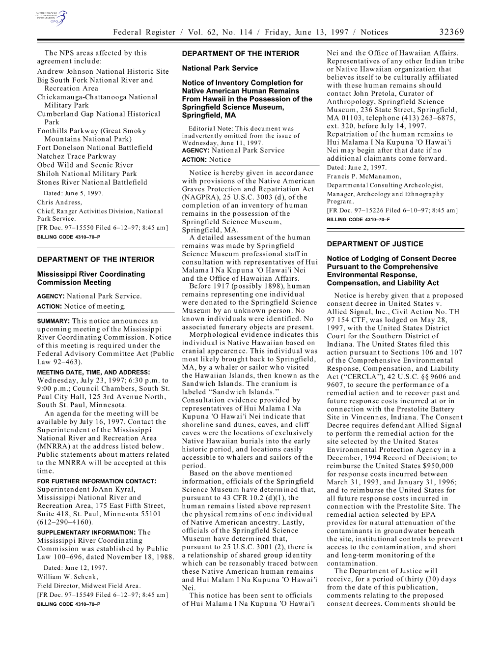 Federal Register / Vol. 62, No. 114 / Friday, June 13, 1997 / Notices 32369