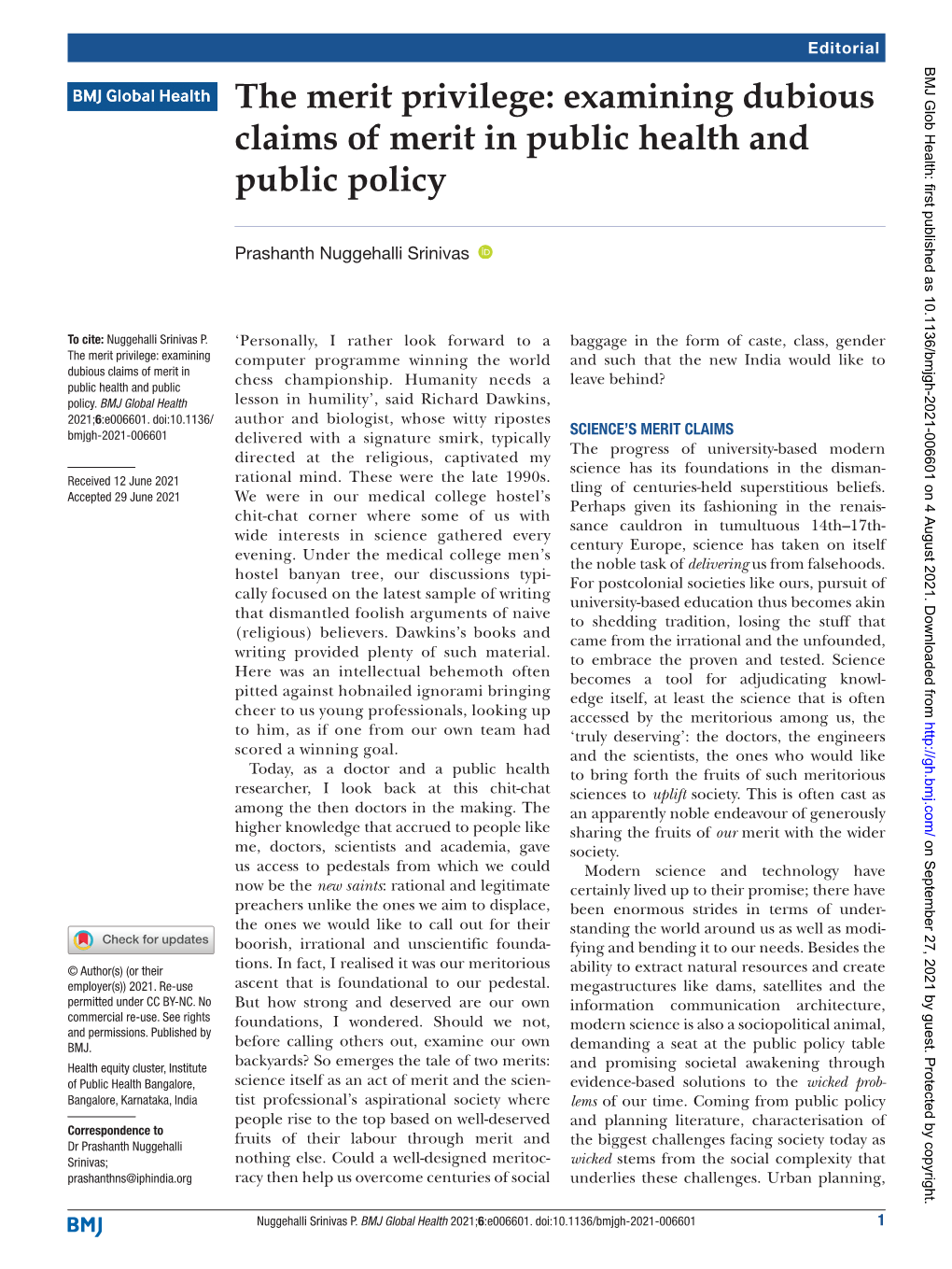 The Merit Privilege: Examining Dubious Claims of Merit in Public Health and Public Policy