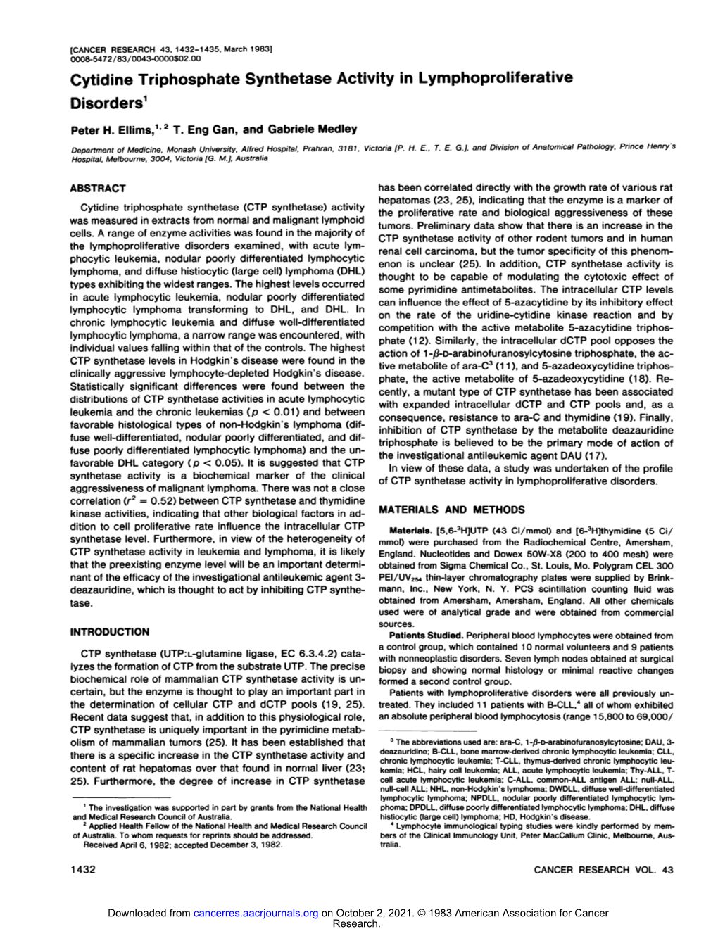 Cytidine Triphosphate Synthetase Activity in Lymphoproliferative Disorders1