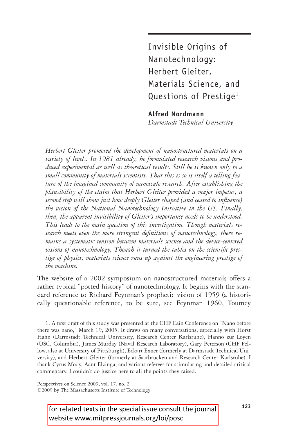 Invisible Origins of Nanotechnology: Herbert Gleiter, Materials Science, and Questions of Prestige1