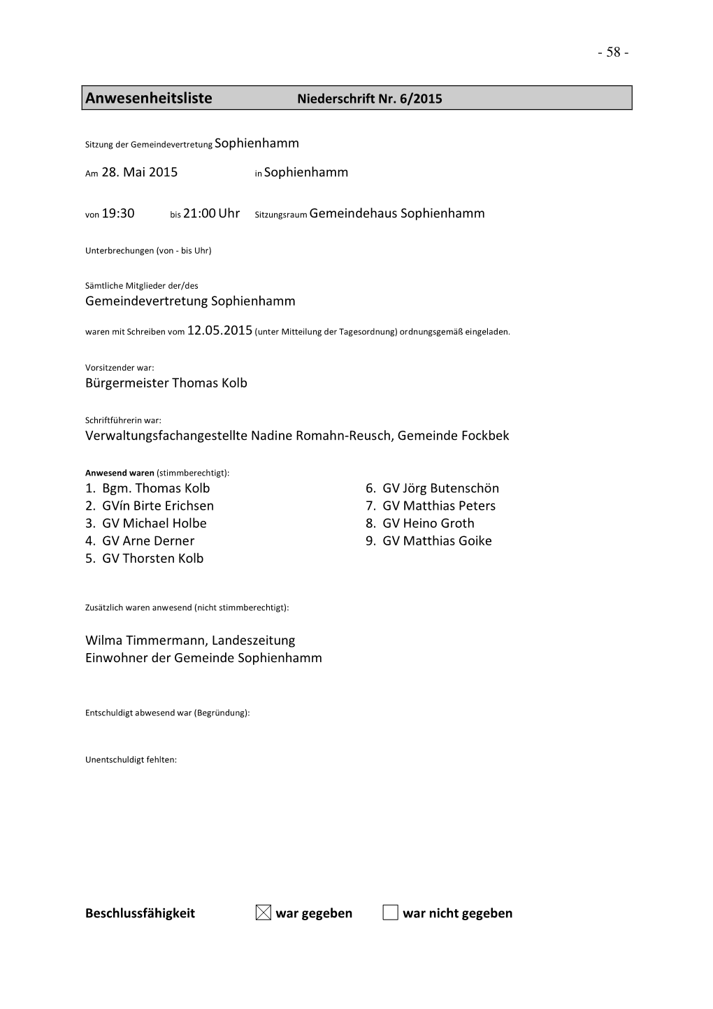 Anwesenheitsliste Niederschrift Nr