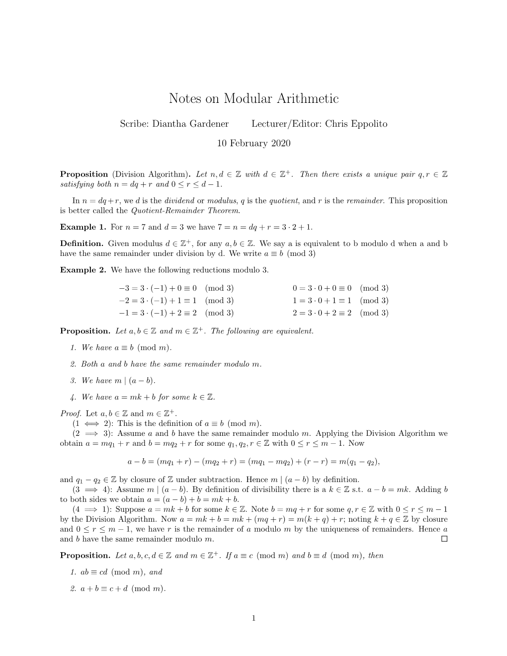 Notes on Modular Arithmetic