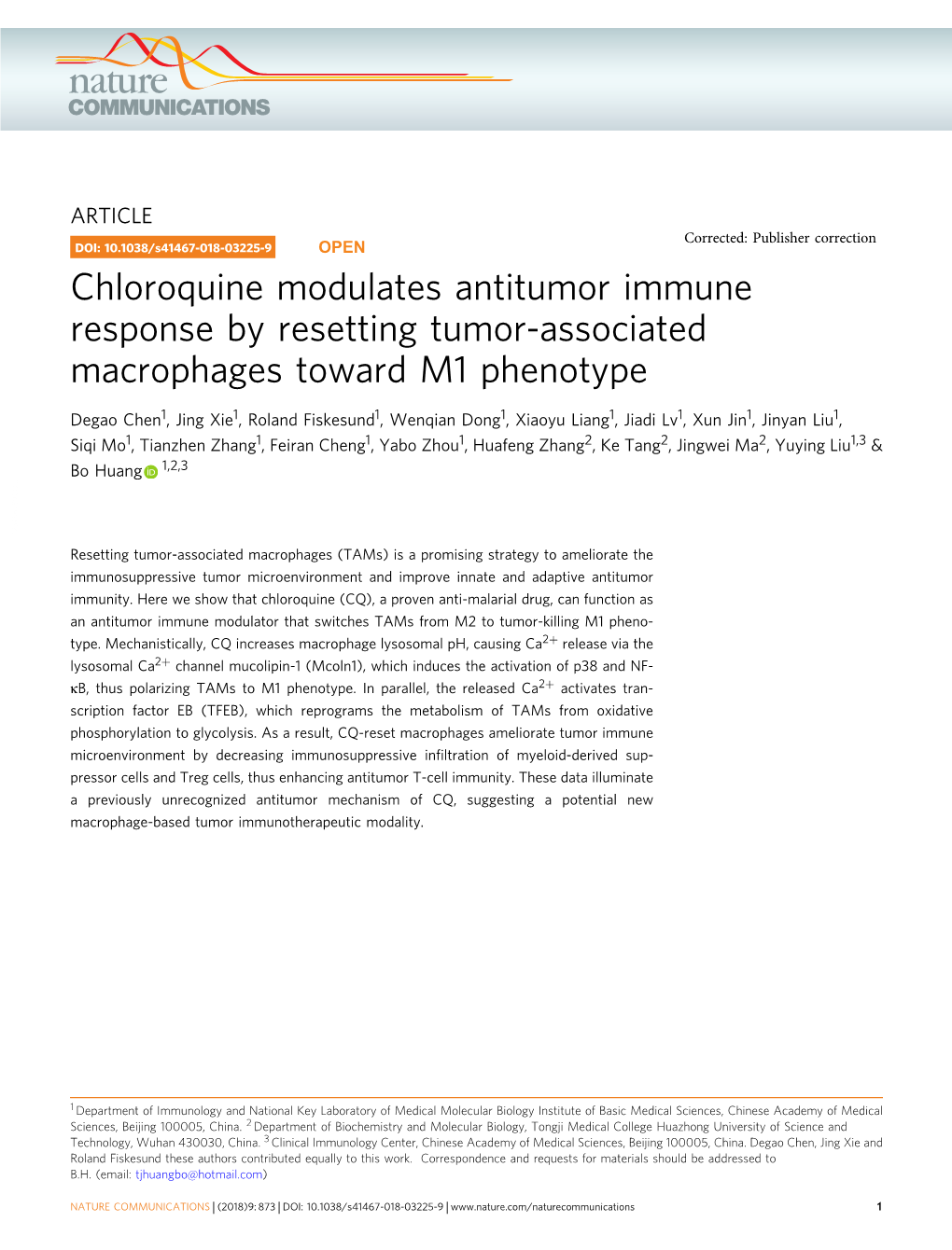 Chloroquine Modulates Antitumor Immune Response by Resetting Tumor-Associated Macrophages Toward M1 Phenotype