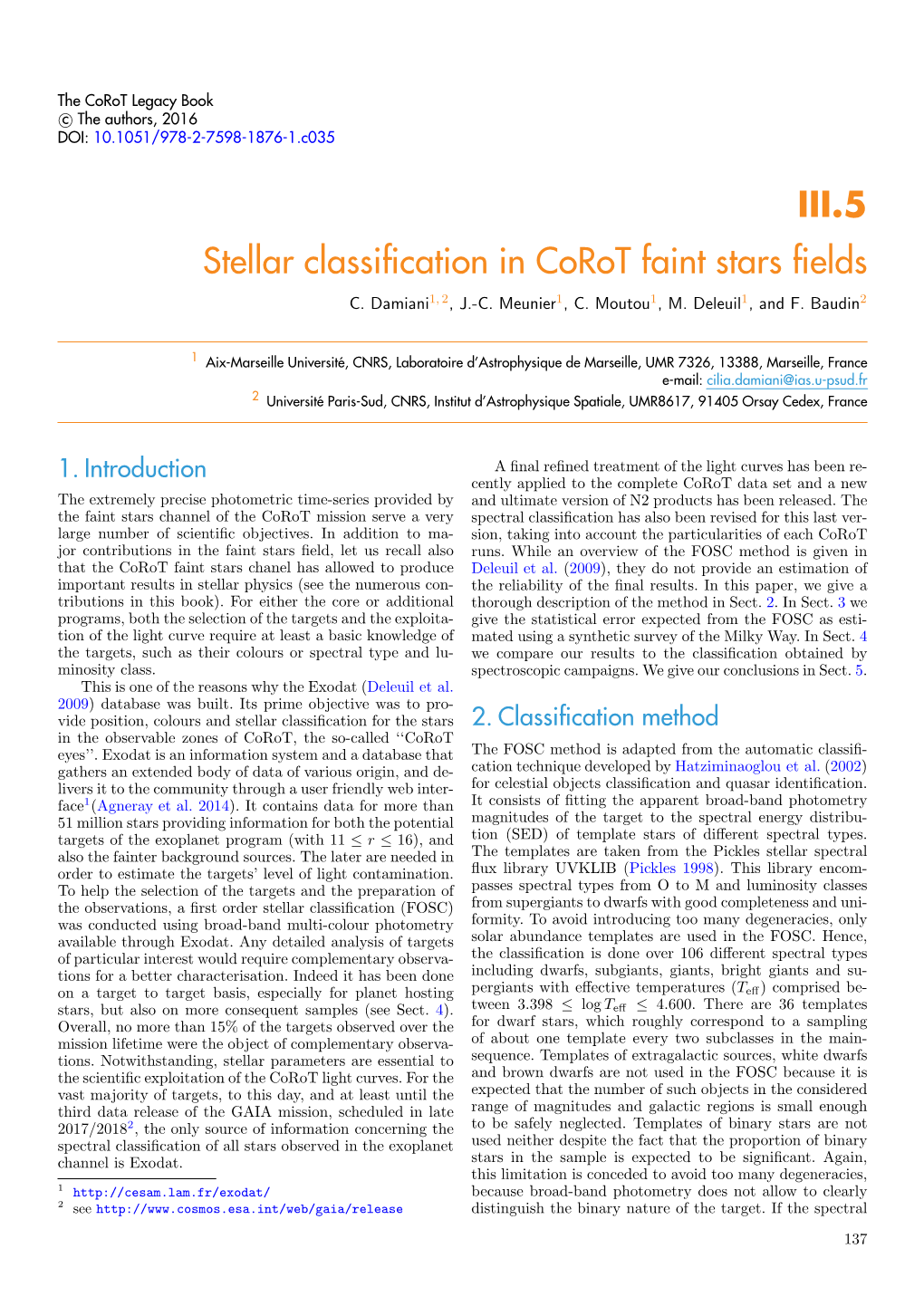 III.5 Stellar Classification in Corot Faint Stars Fields