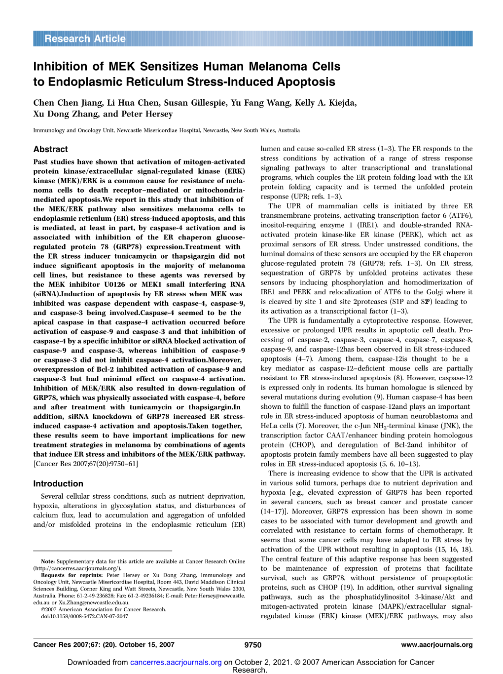 Inhibition of MEK Sensitizes Human Melanoma Cells to Endoplasmic Reticulum Stress-Induced Apoptosis