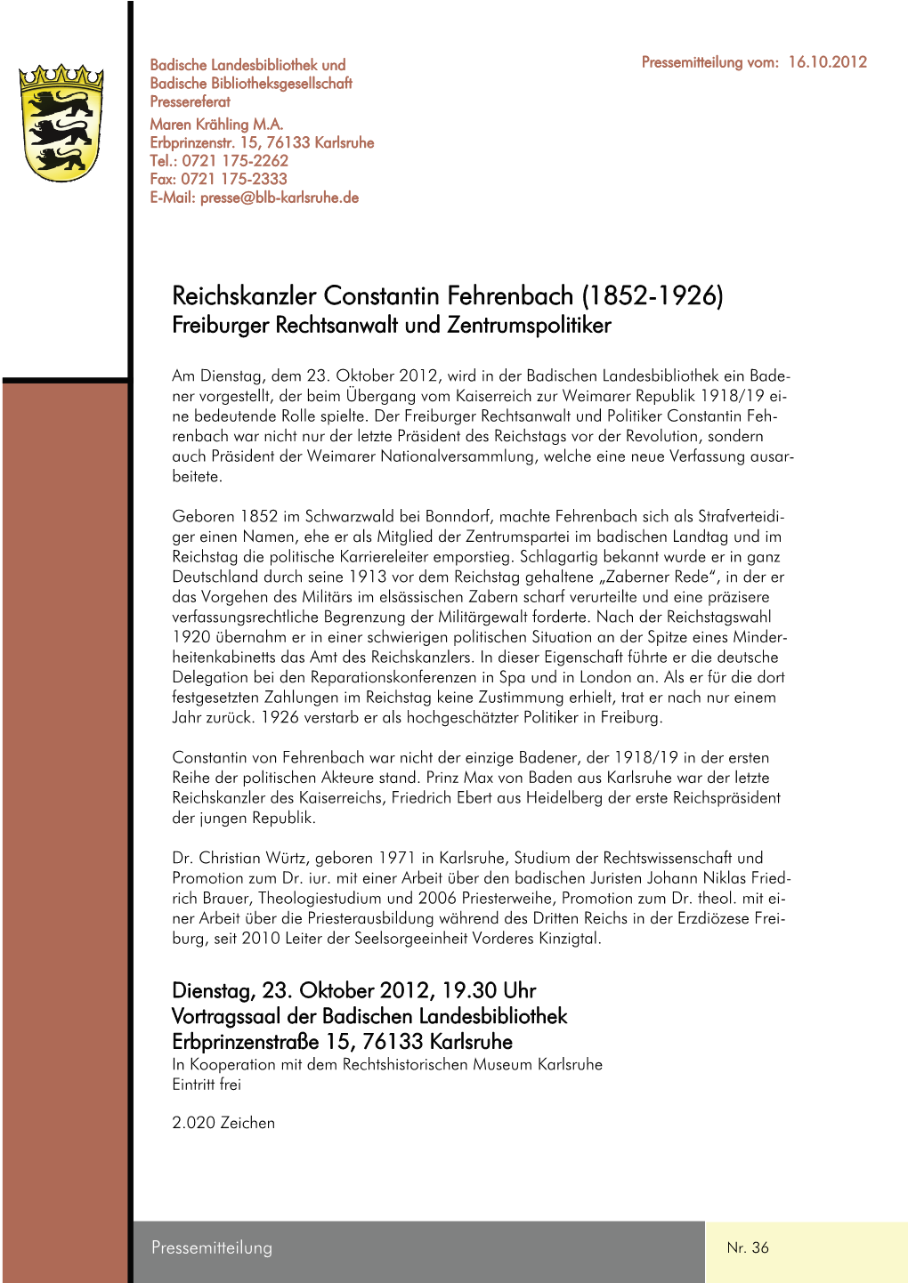Reichskanzler Constantin Fehrenbach (1852-1926) Freiburger Rechtsanwalt Und Zentrumspolitiker