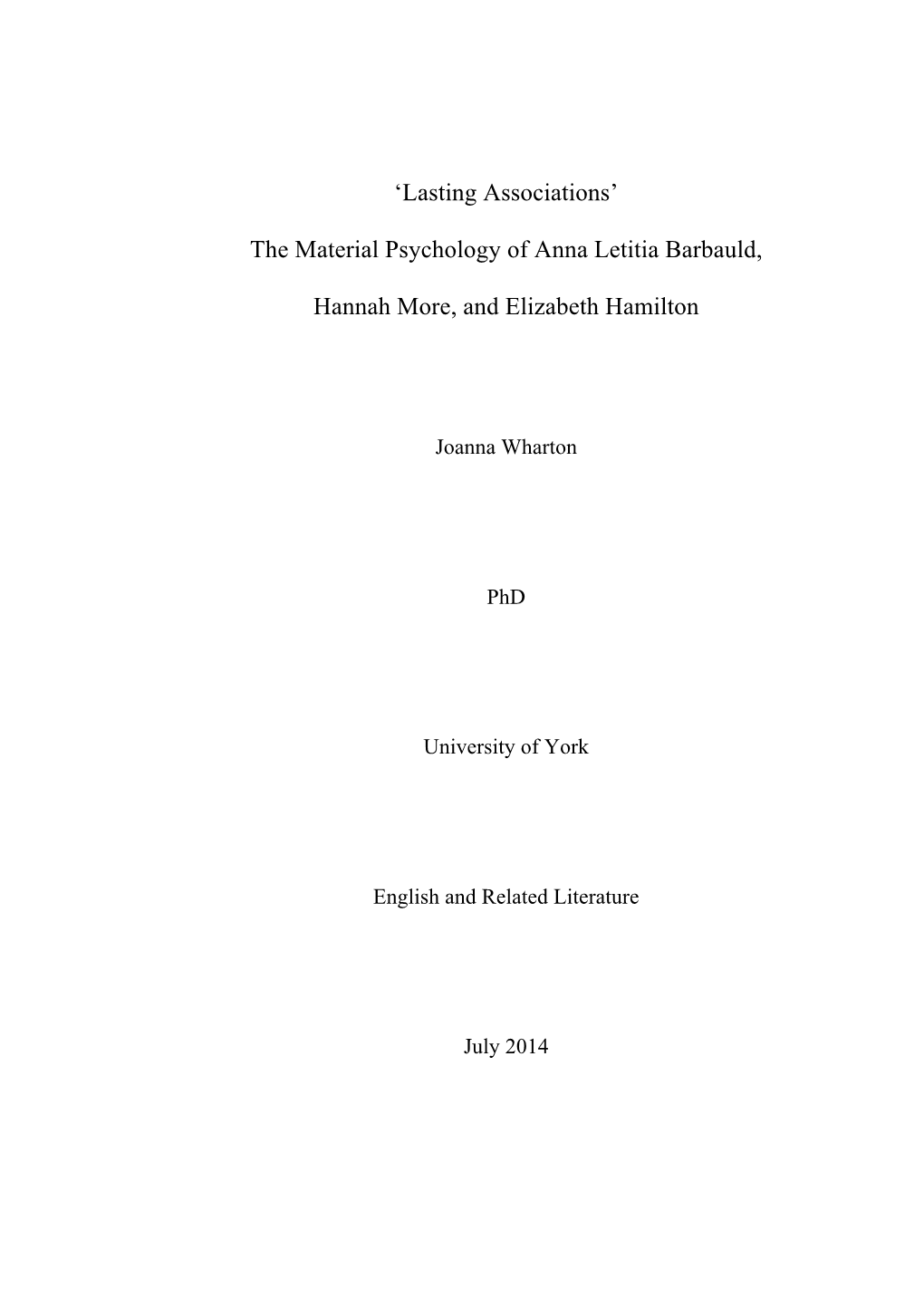 The Material Psychology of Anna Letitia Barbauld, Hannah More, And