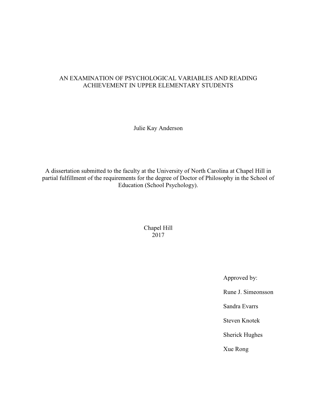 An Examination of Psychological Variables and Reading Achievement in Upper Elementary Students