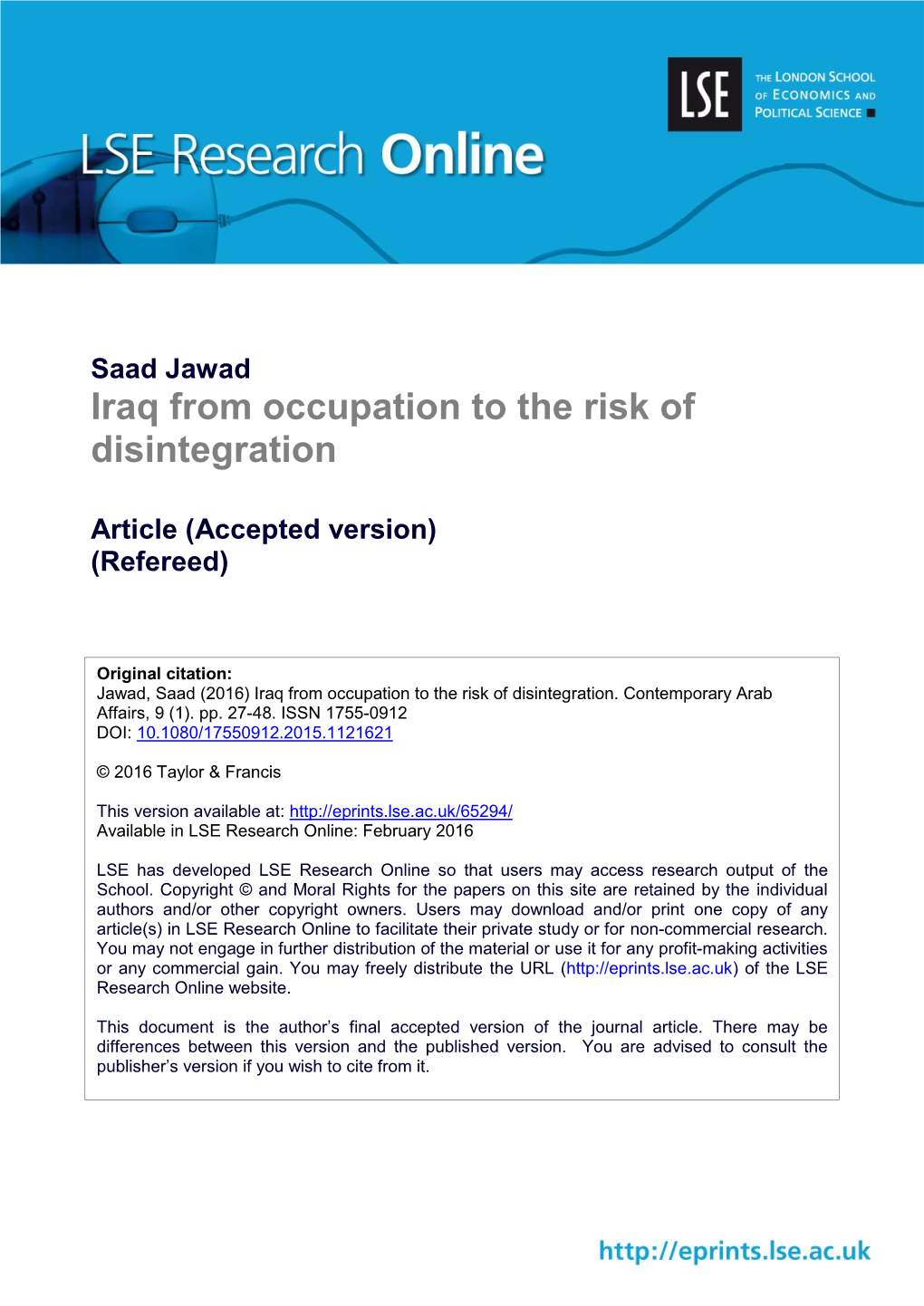 Iraq from Occupation to the Risk of Disintegration