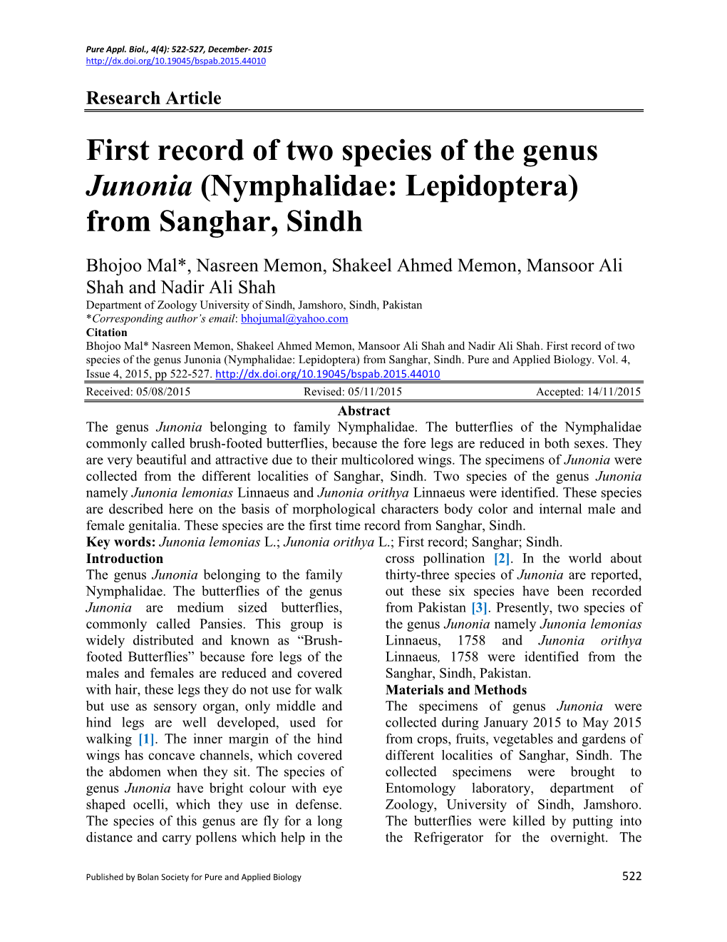 First Record of Two Species of the Genus Junonia (Nymphalidae: Lepidoptera) from Sanghar, Sindh