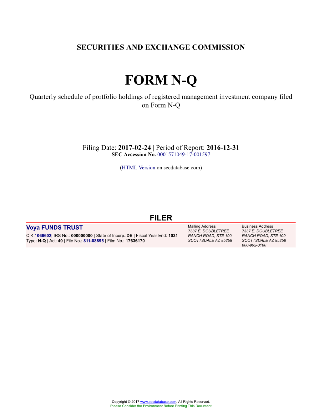 Voya FUNDS TRUST Form N-Q Filed 2017-02-24