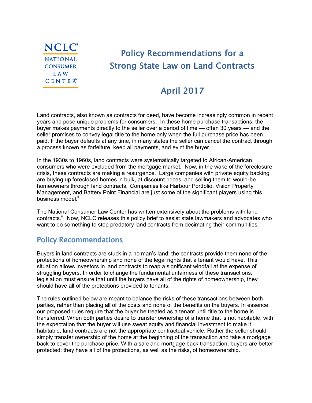 Policy Recommendations for a Strong State Law on Land Contracts