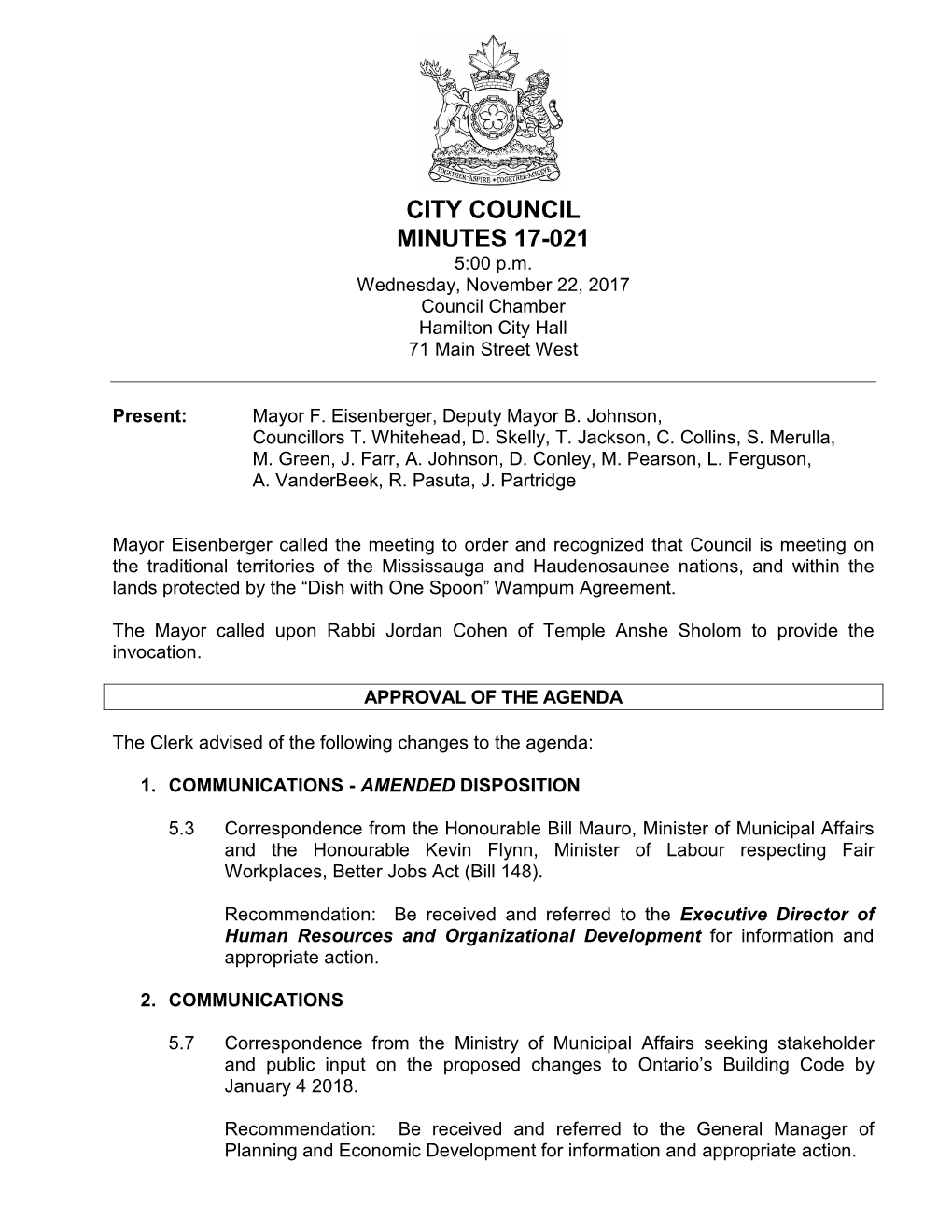 CITY COUNCIL MINUTES 17-021 5:00 P.M