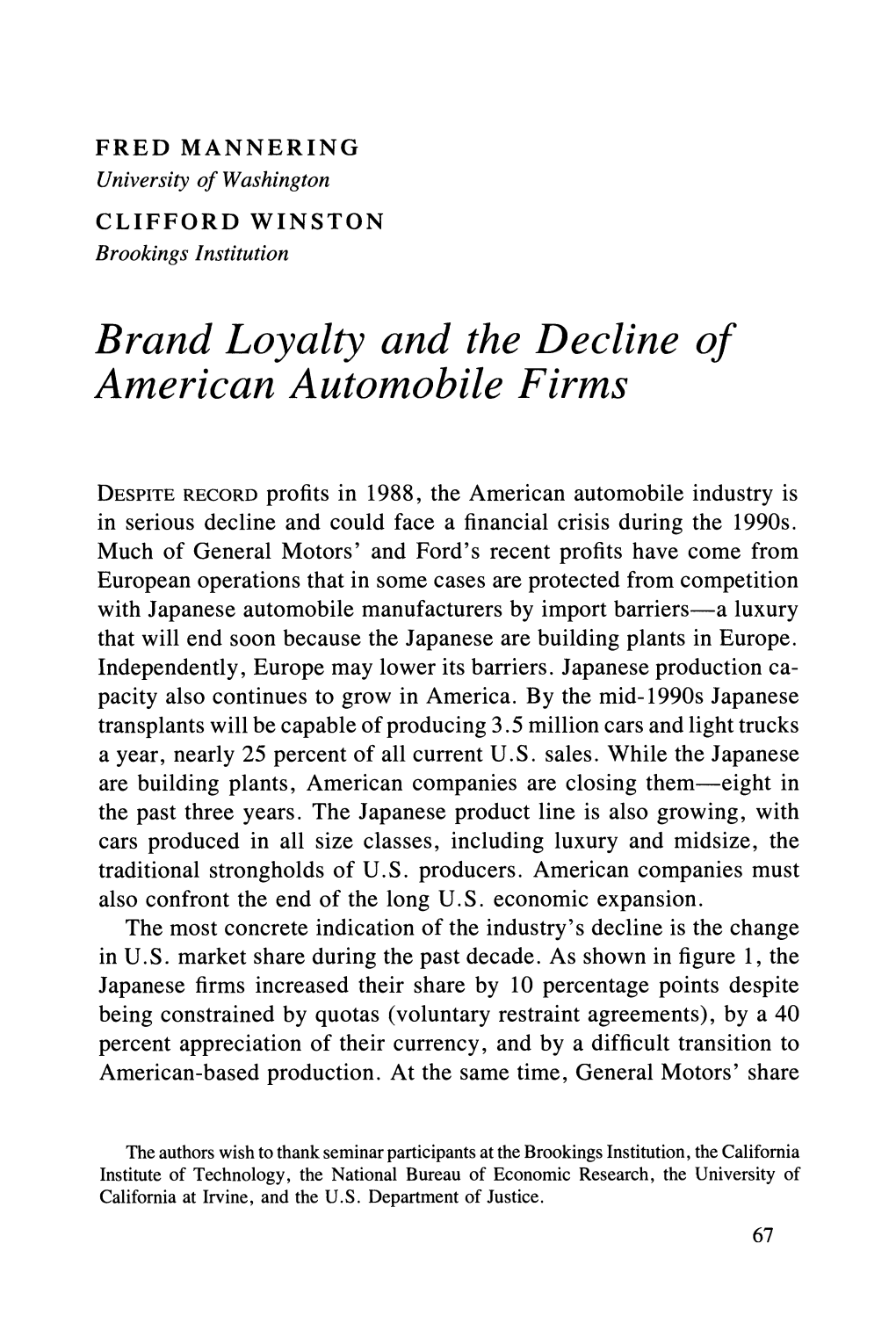 Brand Loyalty and the Decline of American Automobile Firms