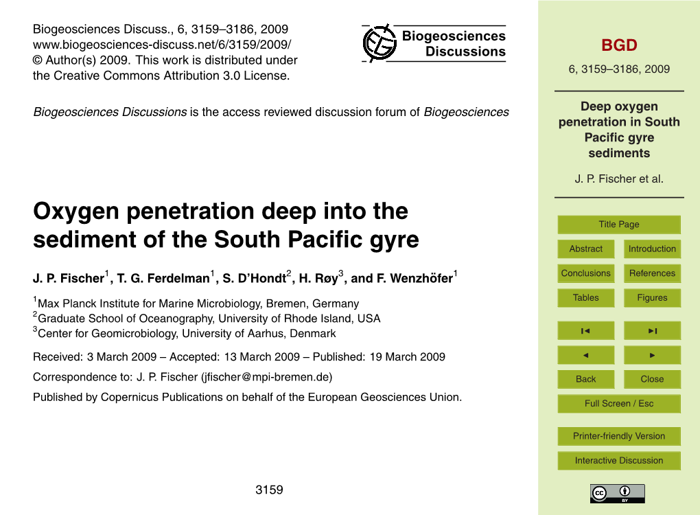 Oxygen Penetration Deep Into the Sediment of the South Pacific Gyre