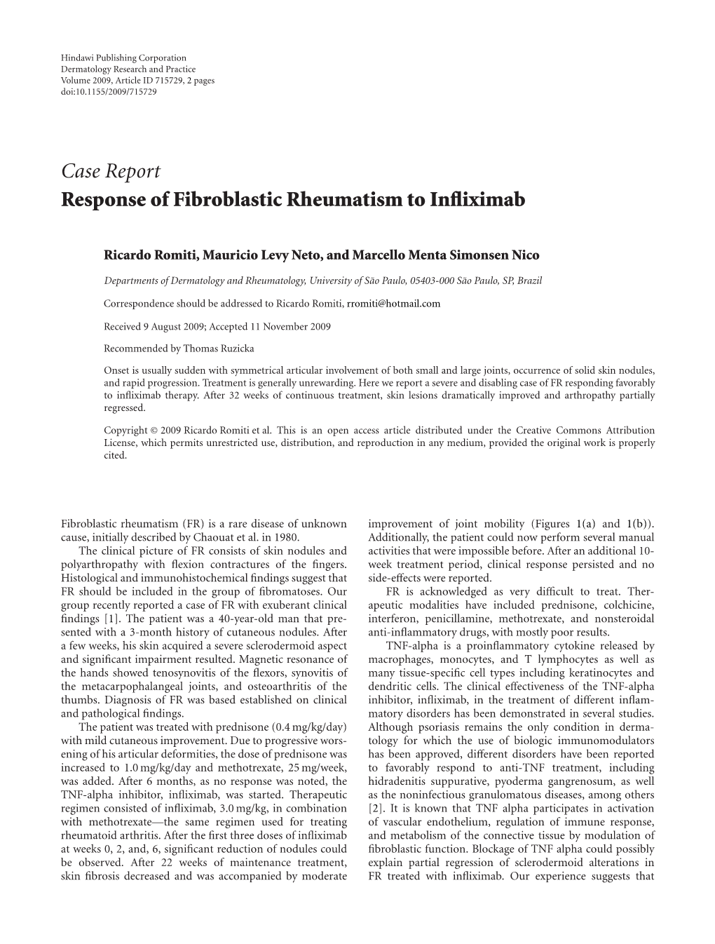 Response of Fibroblastic Rheumatism to Infliximab