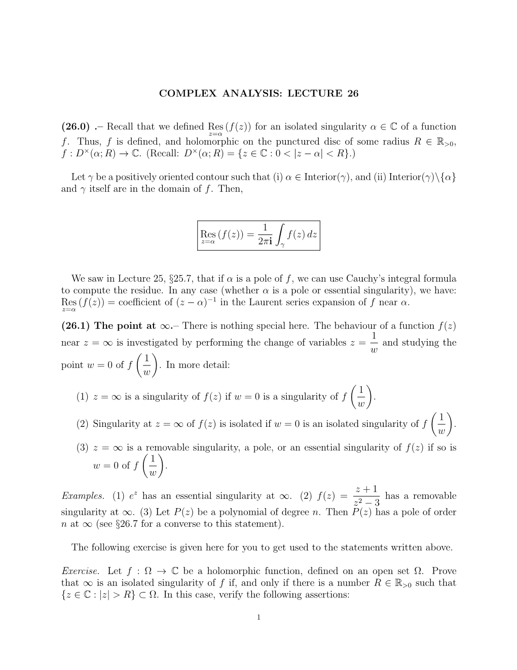 LECTURE 26 (26.0) .– Recall That We Defined Res (F(Z))