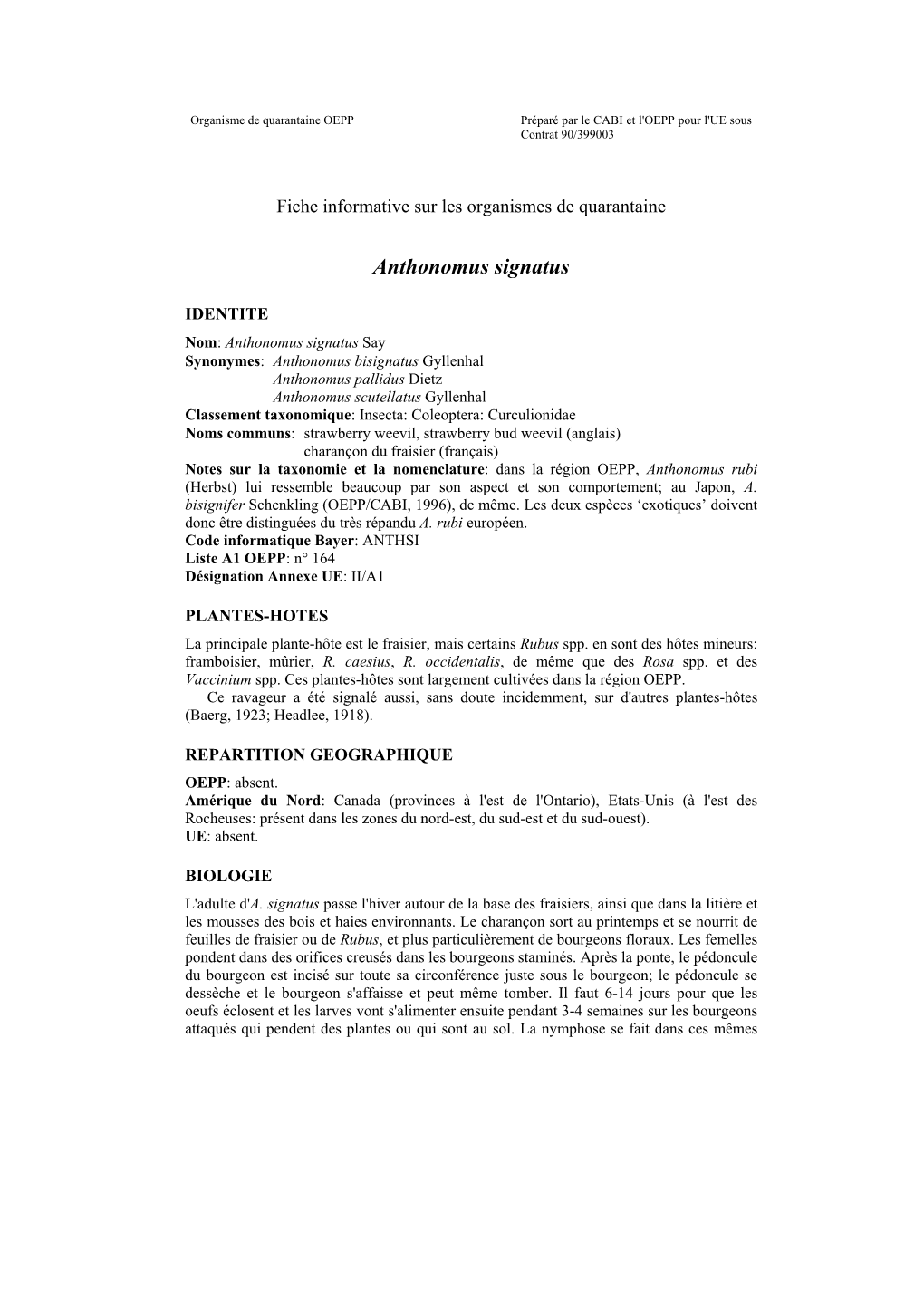 Organisme De Quarantaine OEPP Préparé Par Le CABI Et L'oepp Pour L'ue Sous Contrat 90/399003