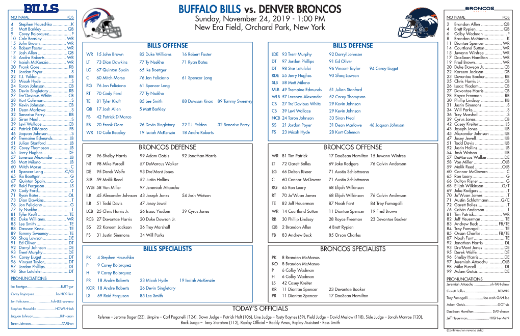 BUFFALO BILLS Vs. DENVER BRONCOS NO NAME POS Sunday, November 24, 2019 - 1:00 PM NO NAME POS 4 Stephen Hauschka