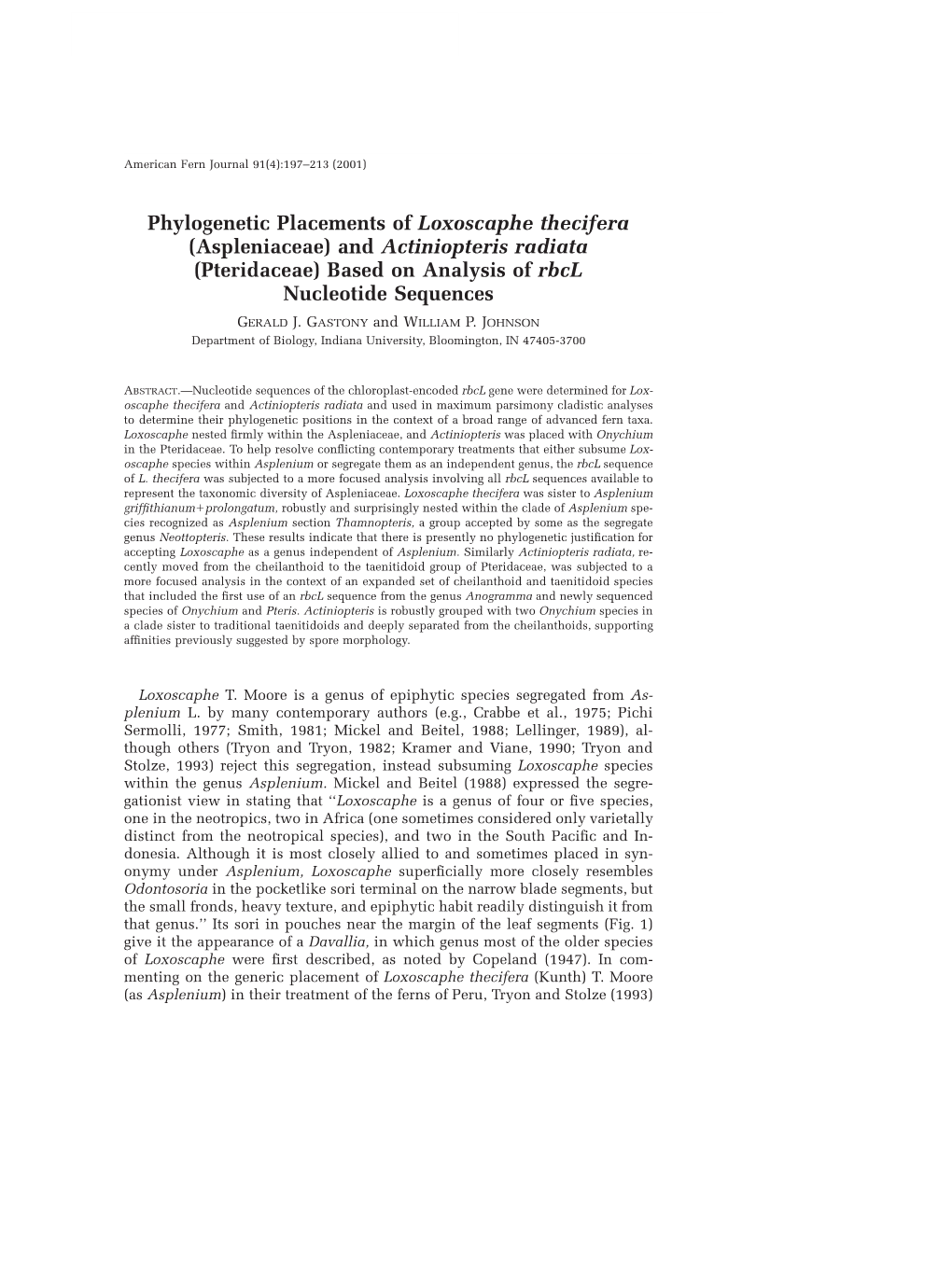 And Actiniopteris Radiata (Pteridaceae) Based on Analysis of Rbcl Nucleotide Sequences