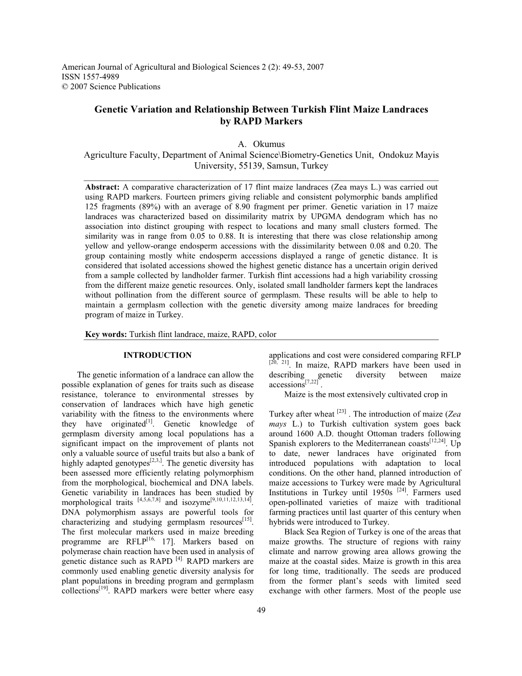 Genetic Variation and Relationship Between Turkish Flint Maize Landraces by RAPD Markers