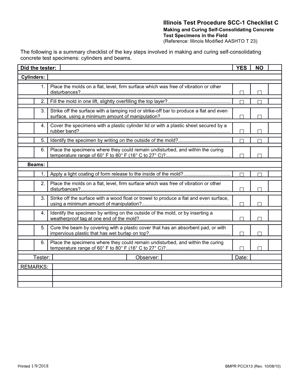 Illinois Test Procedure SCC-1 Checklist C Making and Curing Self-Consolidating Concrete