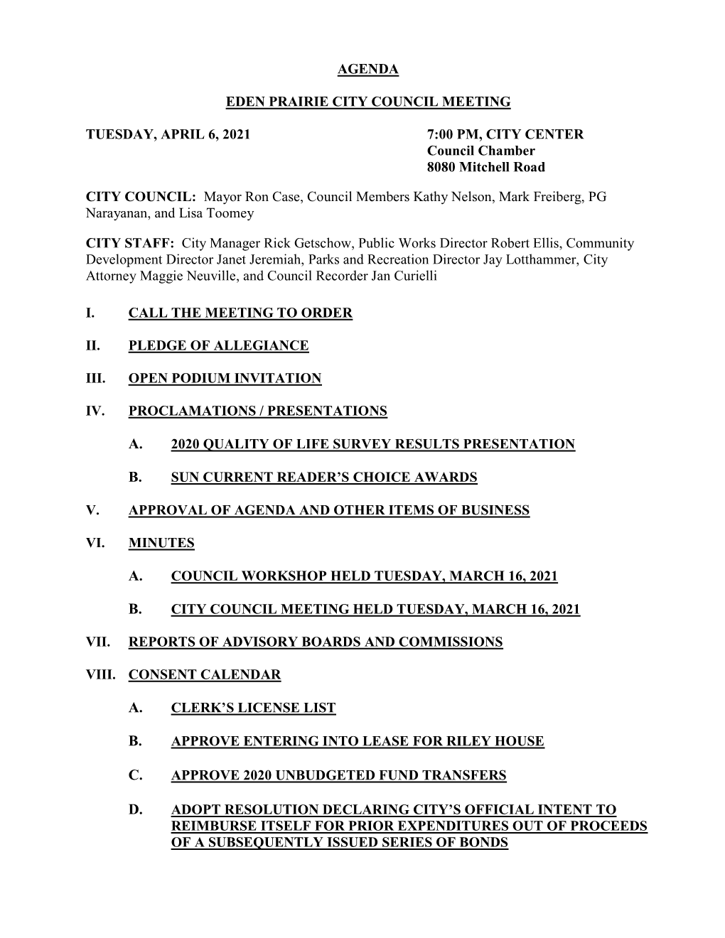 April 6, 2021 Council Meeting Agenda Packet