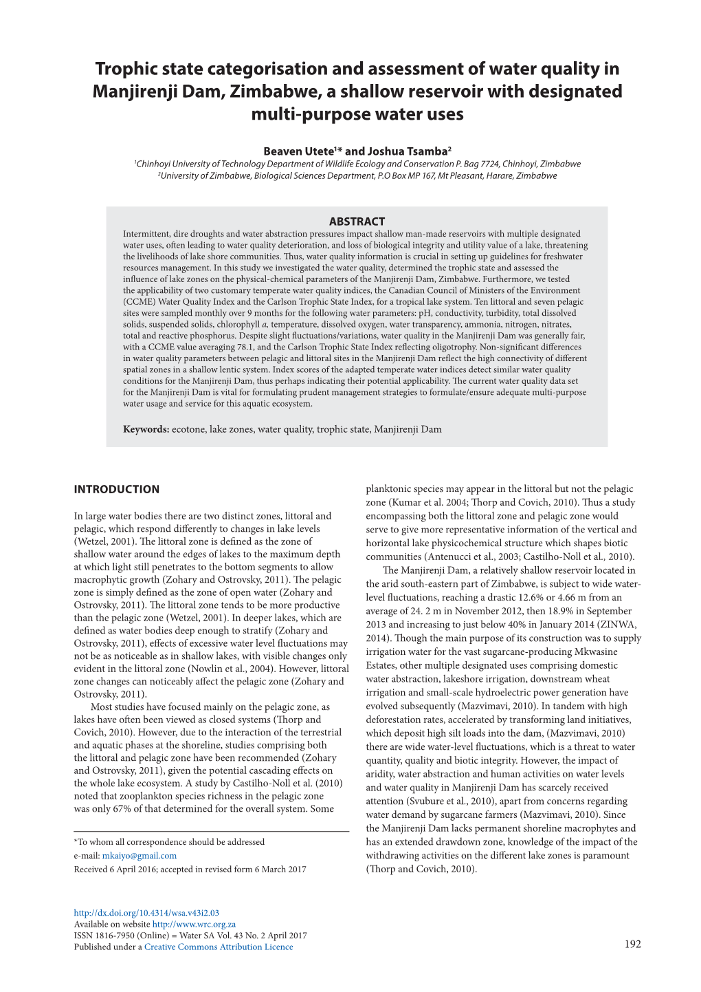 Trophic State Categorisation and Assessment of Water Quality in Manjirenji Dam, Zimbabwe, a Shallow Reservoir with Designated Multi-Purpose Water Uses