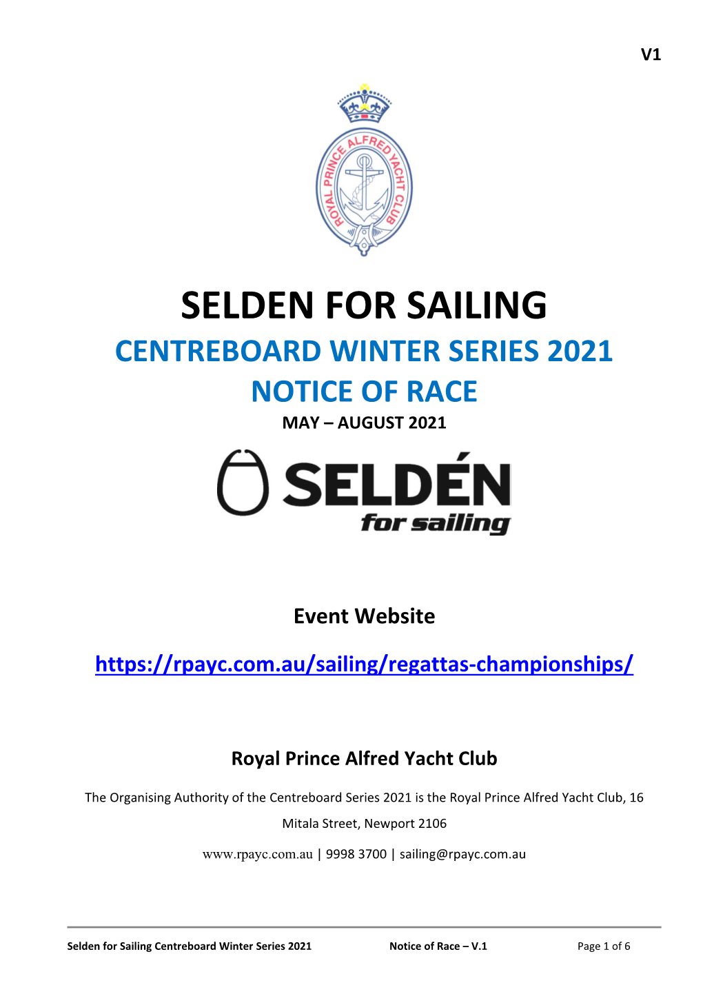 Selden for Sailing Centreboard Winter Series 2021 Notice of Race May – August 2021