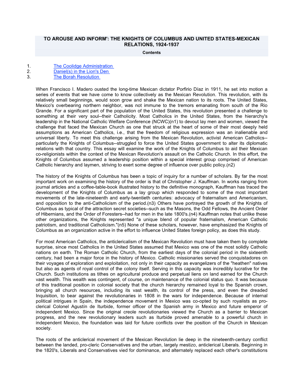 TO AROUSE and INFORM': the KNIGHTS of COLUMBUS and UNITED STATES-MEXICAN RELATIONS, 1924-1937 Contents