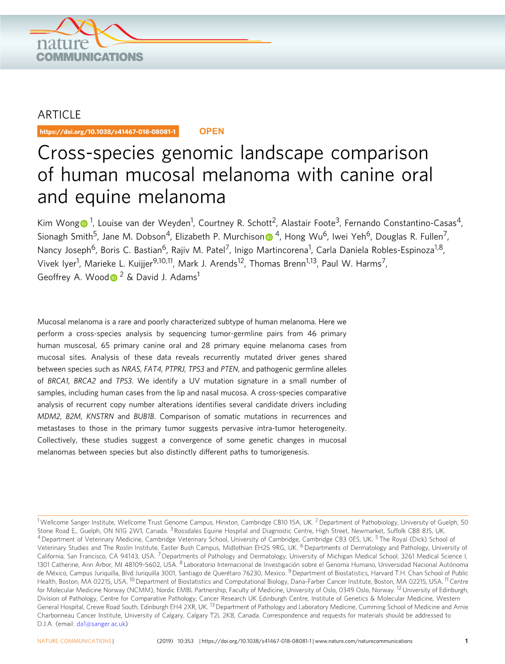 Cross-Species Genomic Landscape Comparison of Human Mucosal Melanoma with Canine Oral and Equine Melanoma