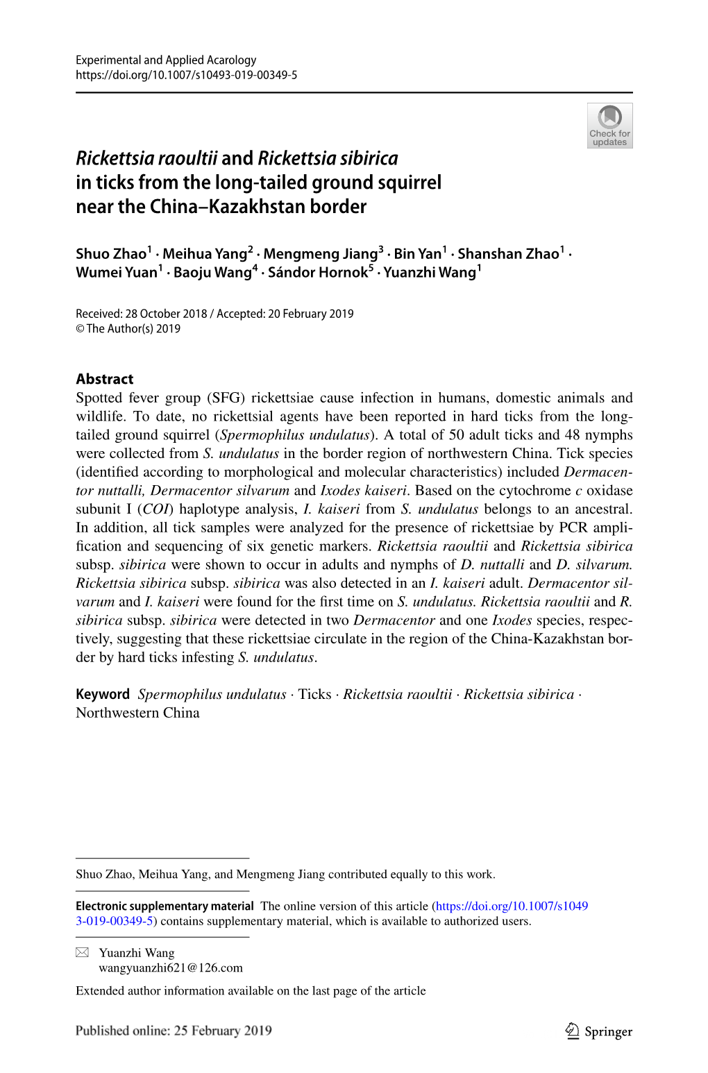 Rickettsia Raoultii and Rickettsia Sibirica in Ticks from the Long-Tailed Ground Squirrel Near the China–Kazakhstan Border