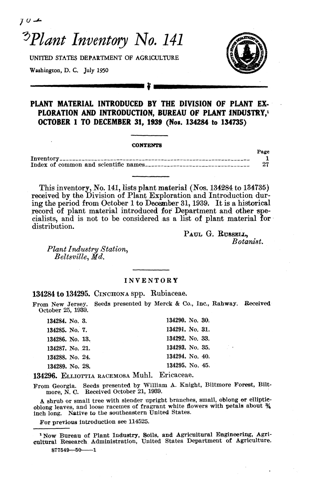 ^Plant Inventory No. 141 UNITED STATES DEPARTMENT of AGRICULTURE Washington, D