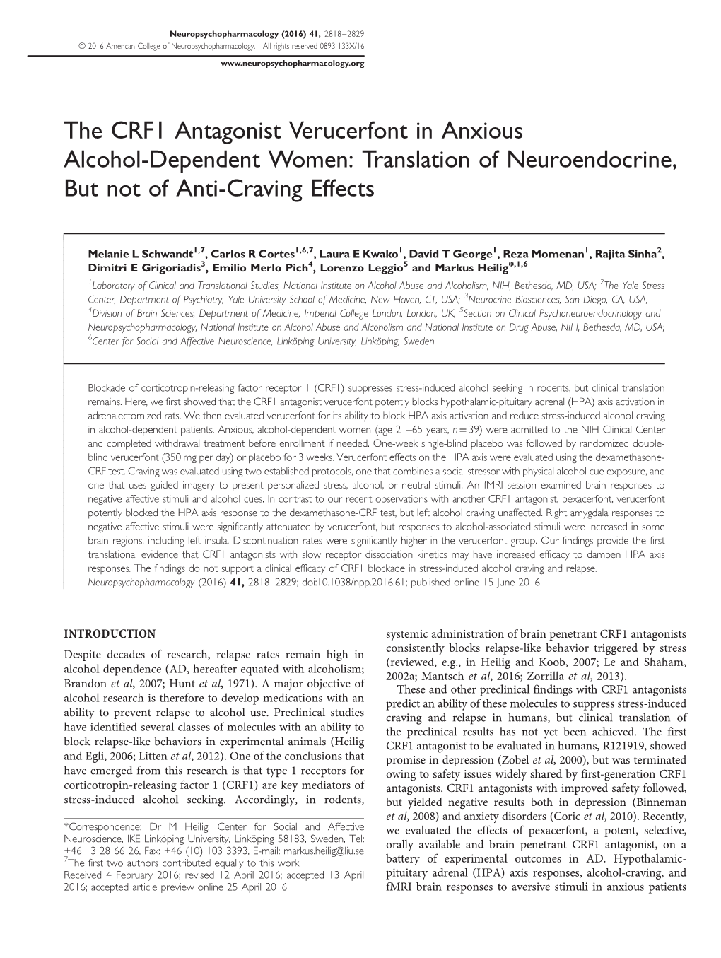 The CRF1 Antagonist Verucerfont in Anxious Alcohol-Dependent Women: Translation of Neuroendocrine, but Not of Anti-Craving Effects