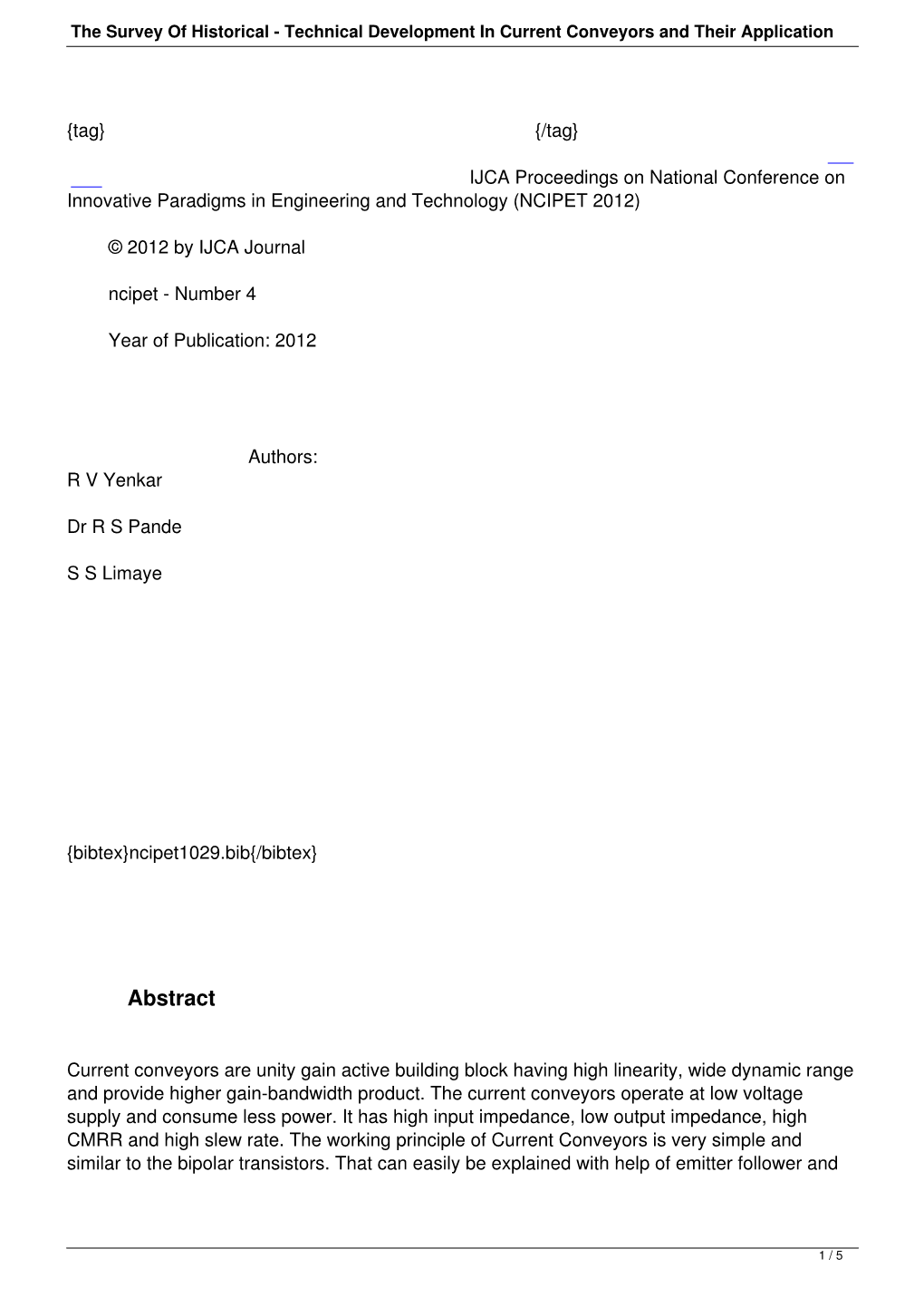 Technical Development in Current Conveyors and Their Application