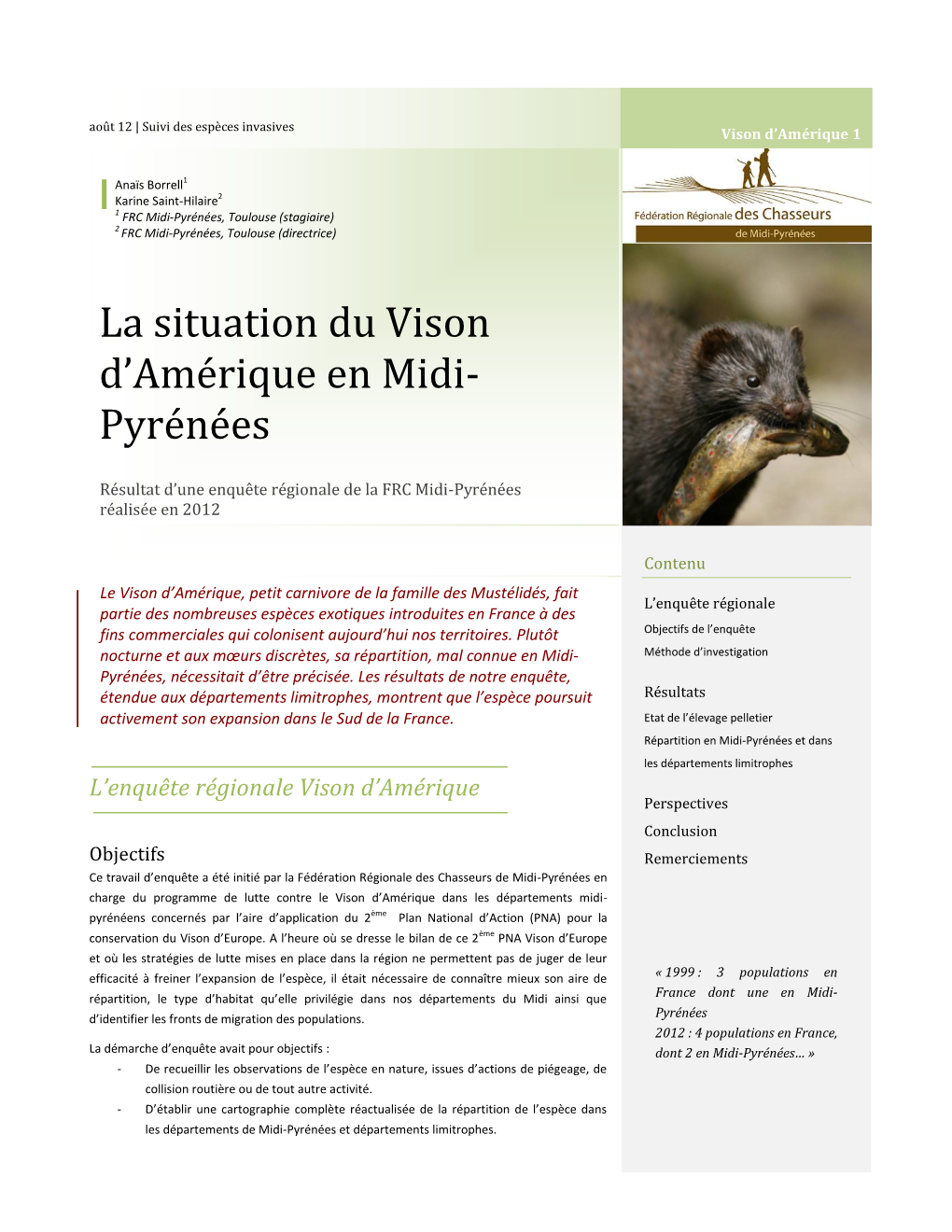 La Répartition Du Vison D'amérique En Midi-Pyrénées