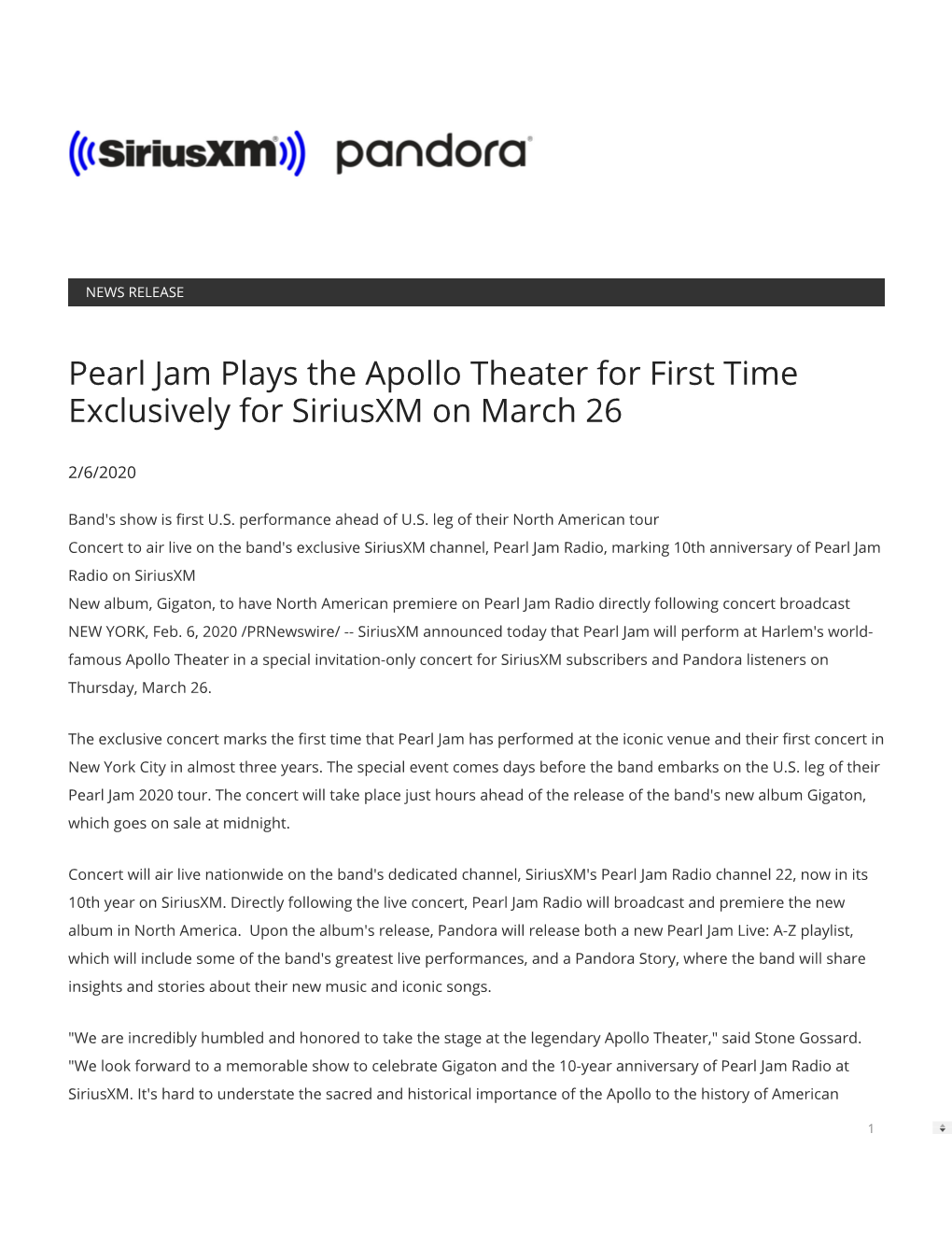 Pearl Jam Plays the Apollo Theater for First Time Exclusively for Siriusxm on March 26