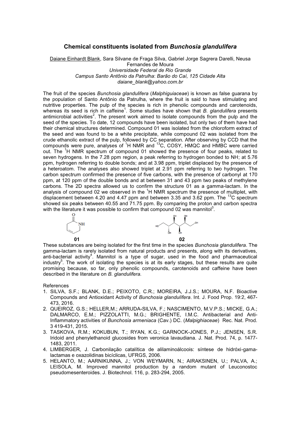 Chemical Constituents Isolated from Bunchosia Glandulifera