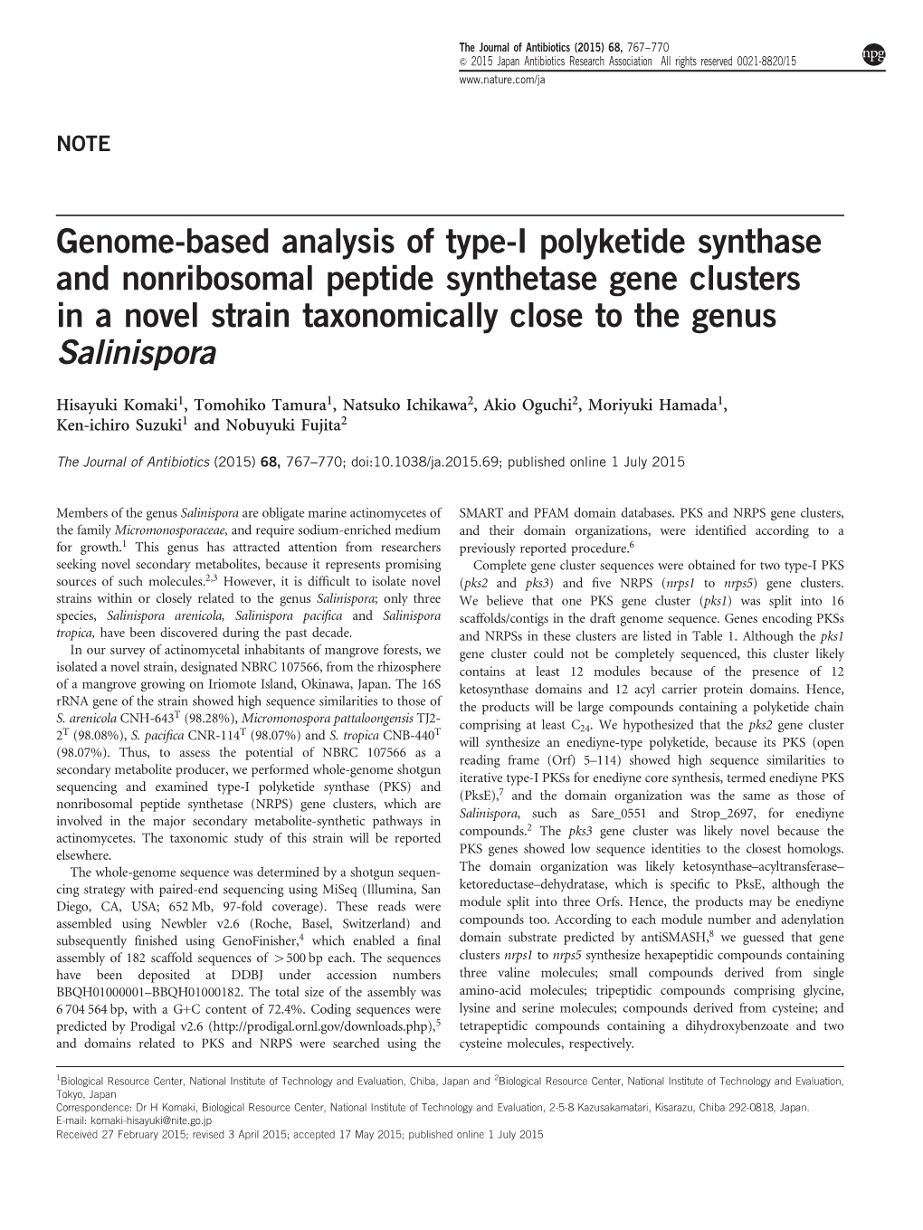 Genome-Based Analysis of Type-I Polyketide Synthase and Nonribosomal Peptide Synthetase Gene Clusters in a Novel Strain Taxonomically Close to the Genus Salinispora