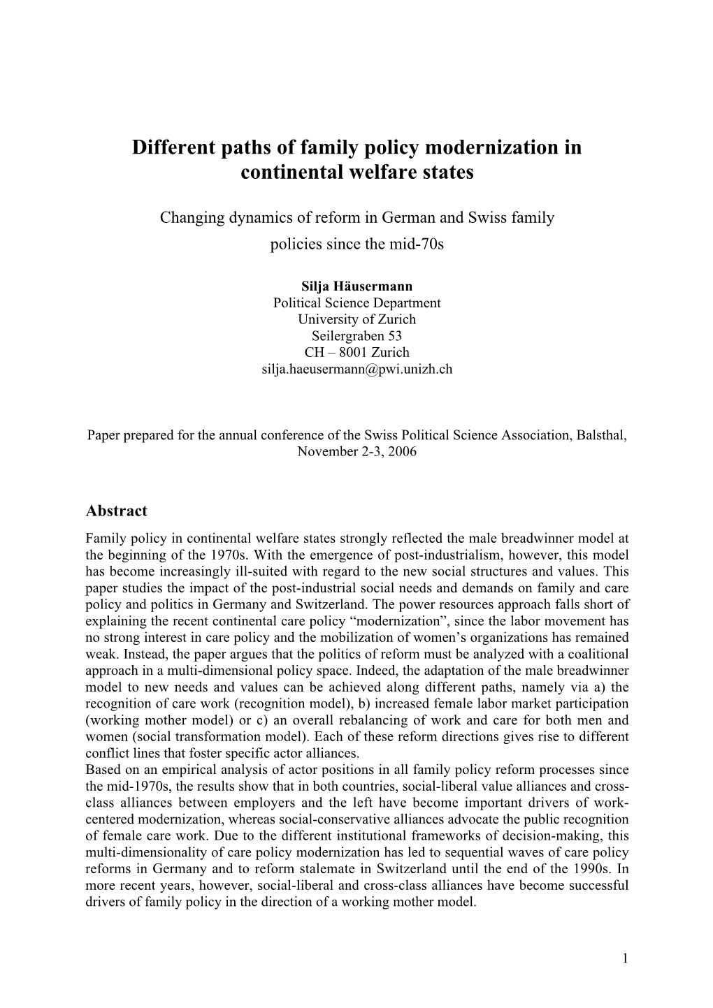 Different Paths of Family Policy Modernization in Continental Welfare States