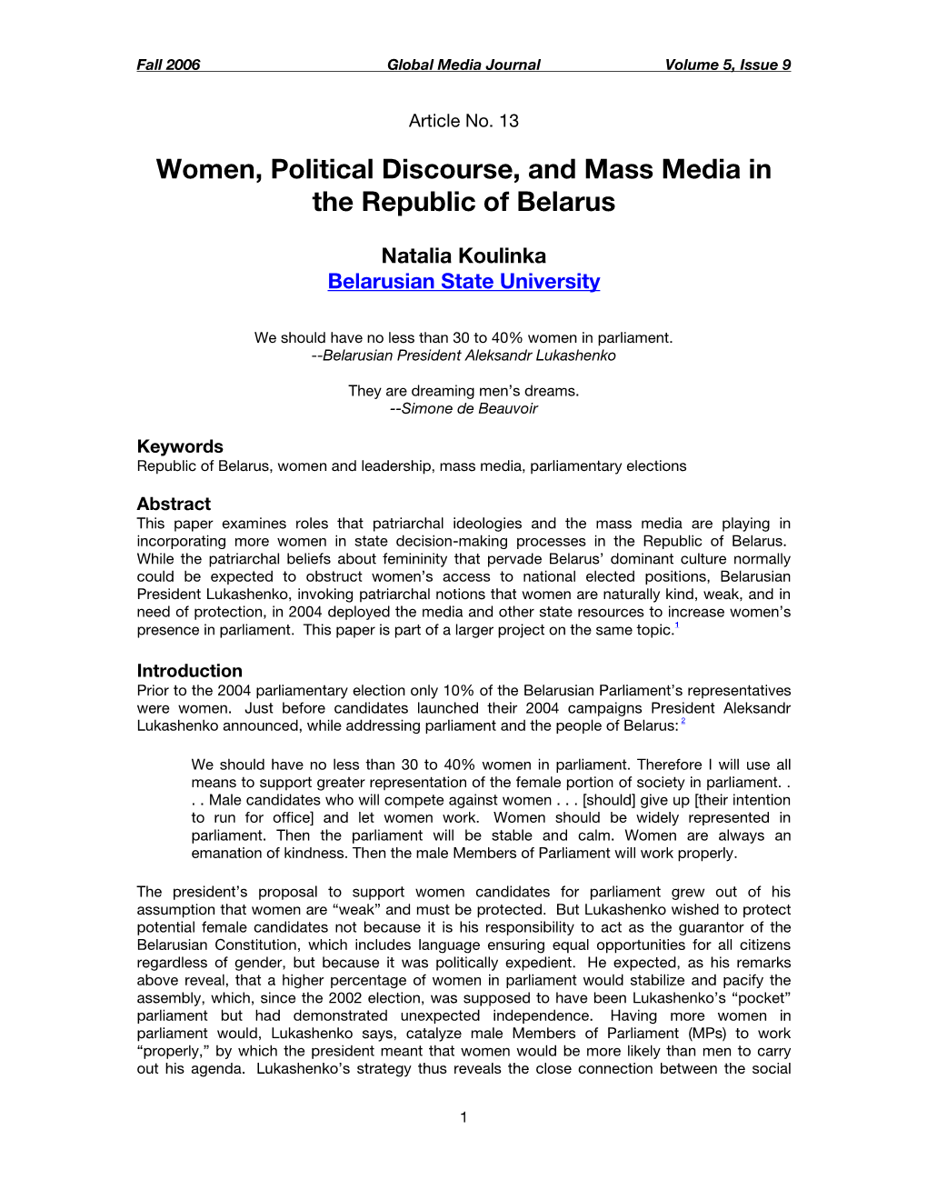 Women, Political Discourse, and Mass Media in the Republic of Belarus