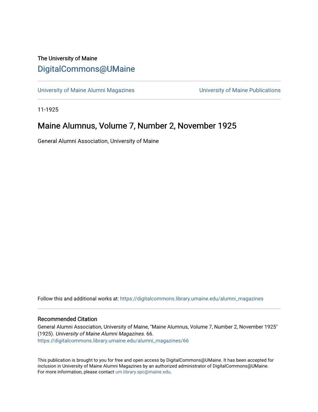 Maine Alumnus, Volume 7, Number 2, November 1925