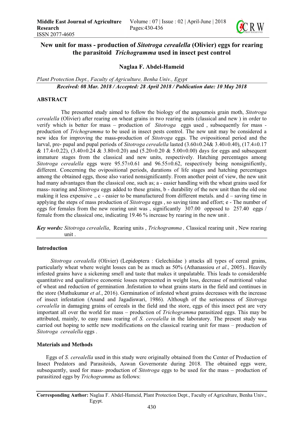 Production of Sitotroga Cerealella (Olivier) Eggs for Rearing the Parasitoid Trichogramma Used in Insect Pest Control