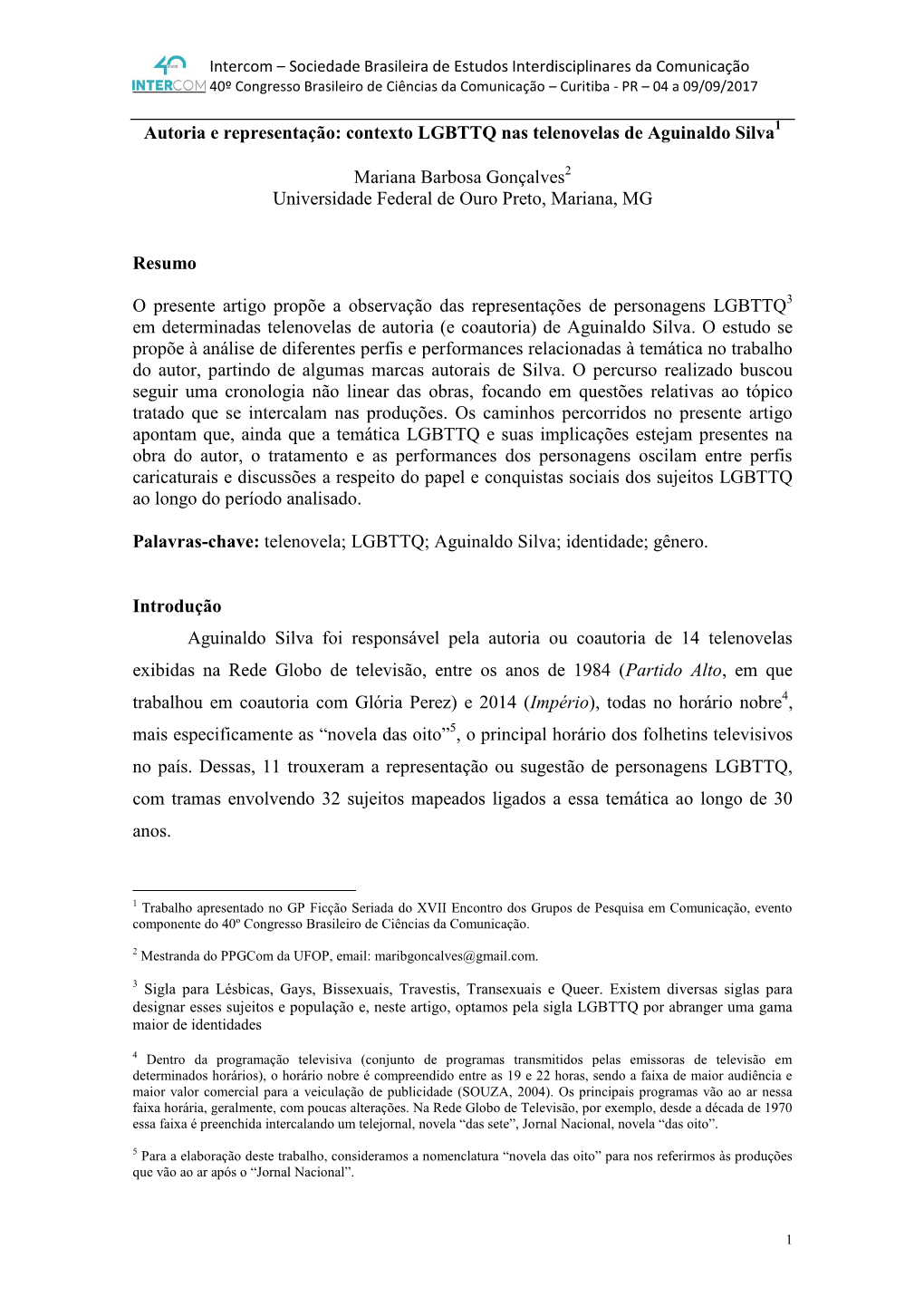 Autoria E Representação: Contexto LGBTTQ Nas Telenovelas De Aguinaldo Silva1