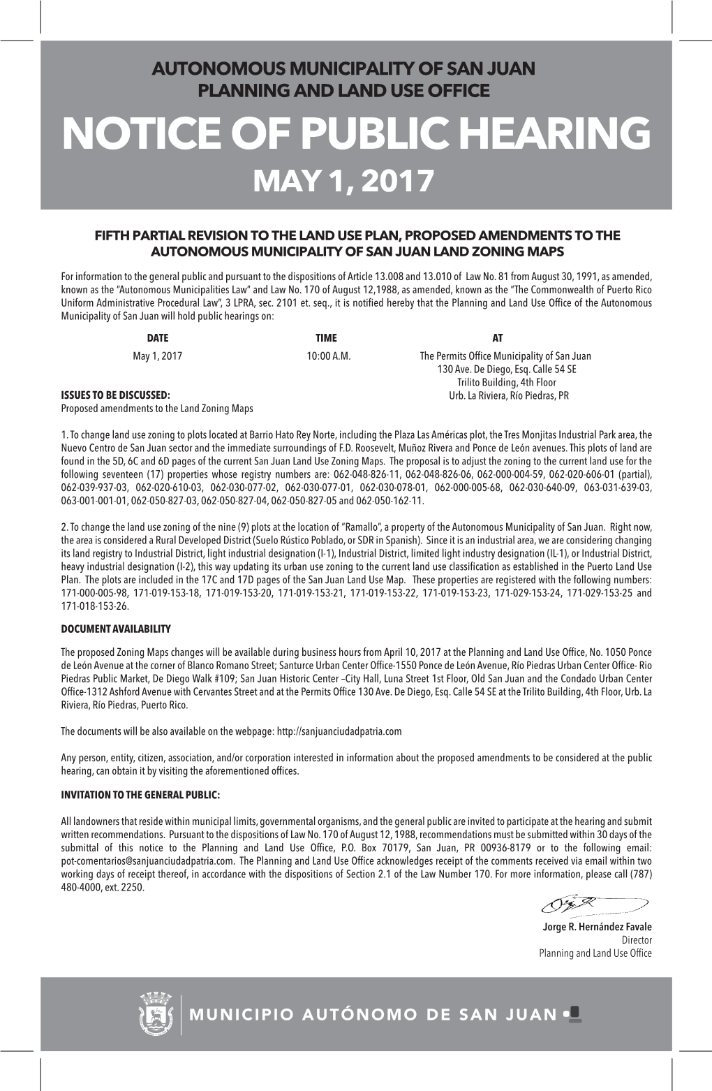 Notice of Public Hearing Autonomous Municipality of San Juan Planning