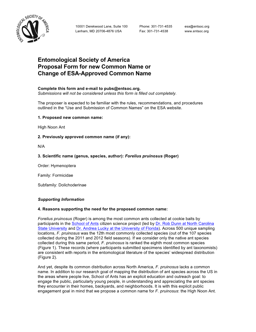 Entomological Society of America Proposal Form for New Common Name Or Change of ESA-Approved Common Name